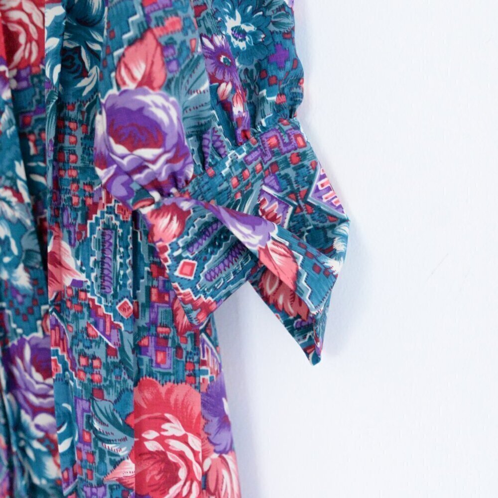 Vintage Schrader Teal Purple Floral Button Front Pleated Maxi Retro 80s Dress 18 - Picture 10 of 14